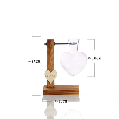 Love Heart Shape Clear Glass Hydroponic Flower Vase Terrarium Wooden Stand Holder Decoratio Glass Tabletop Plant Flower Vase