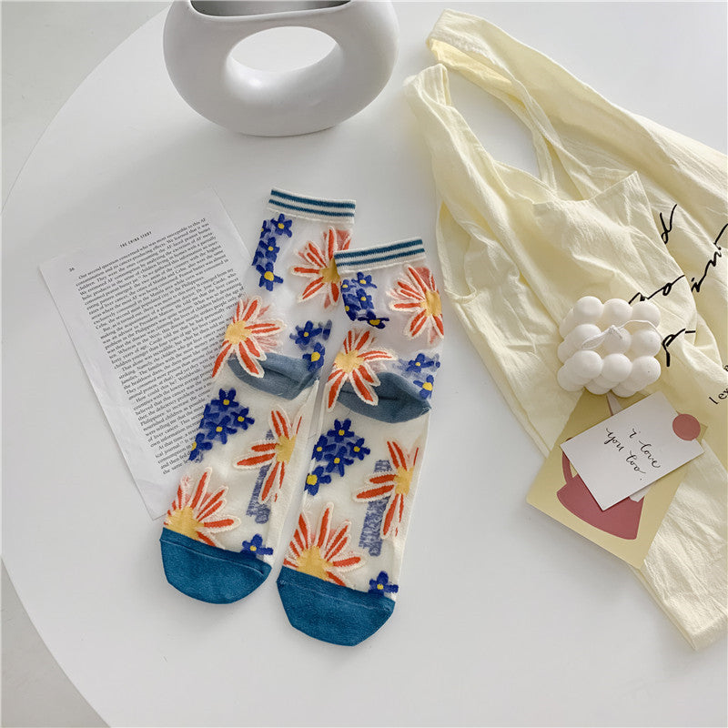 Retro Personality Breathable Glass Silk Socks Japanese Bright Color Socks