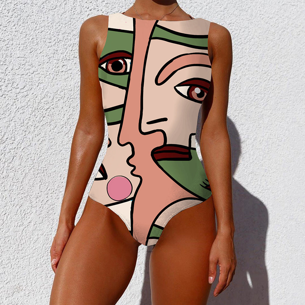 One-piece Fashion Vintage Abstract Print Lady Swimsuit Women Sleeveless Round Neck Bikini Swimwear Summer Push Up Swimsuit