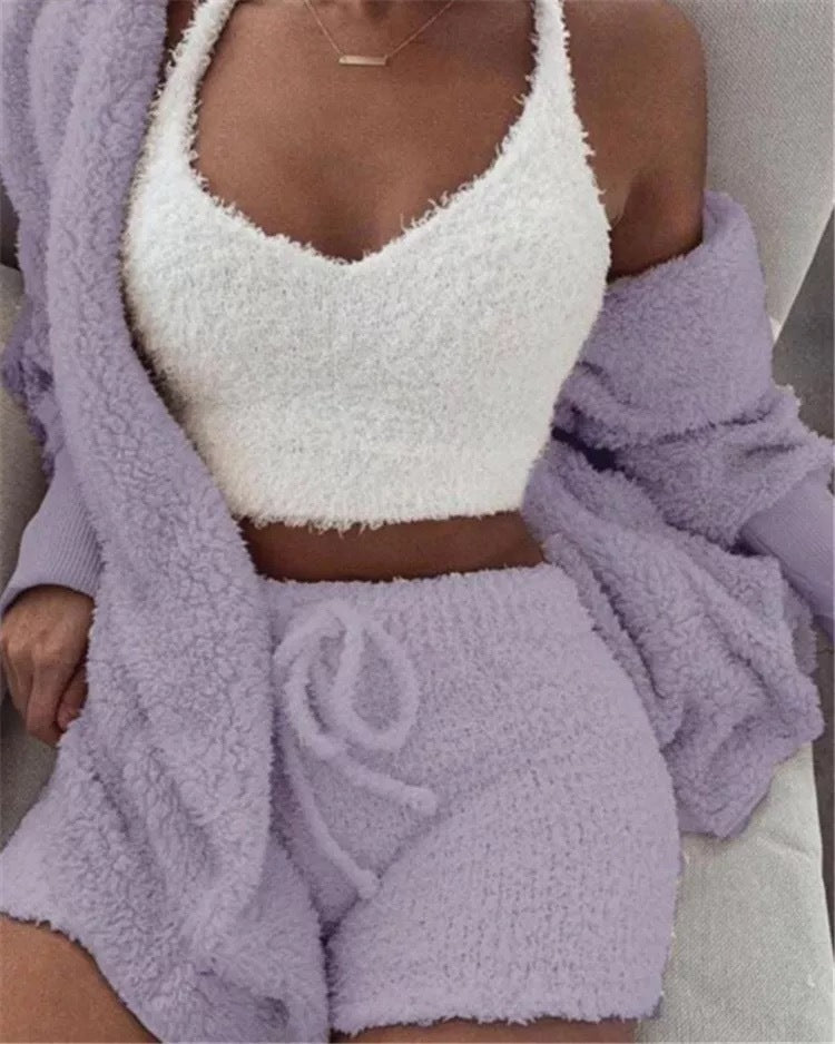 Winter Sexy Women Home Wear Suit Casual Pajamas Set Lady Female Soft Warm Long Sleeve Exposed Navel Vest Shorts Set