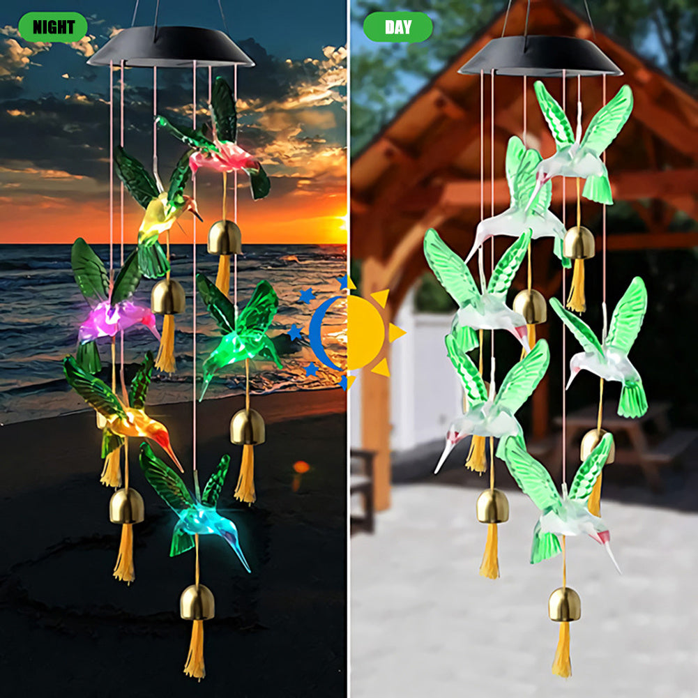 Color Changing Solar Power Wind Chime Crystal Ball Hummingbird Butterfly Waterproof Outdoor Windchime Light For Patio Yard Garde