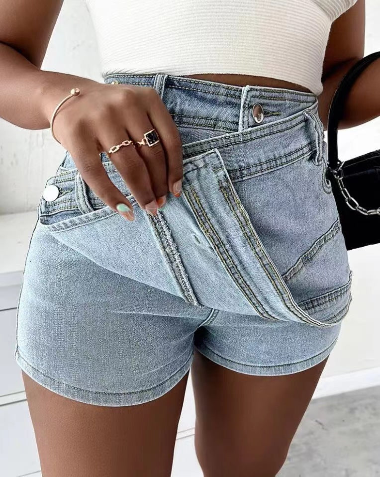 Y2K Street Vintage Denim Shorts Stretch Overlap Waist Wrap Solid Asymmetrical Hem A-Line Skinny Mini Skorts Skirt