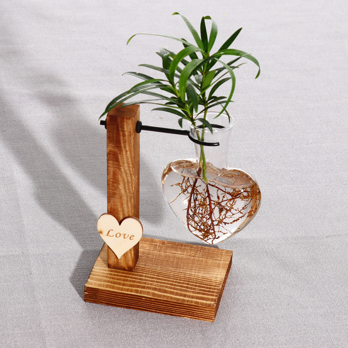 Love Heart Shape Clear Glass Hydroponic Flower Vase Terrarium Wooden Stand Holder Decoratio Glass Tabletop Plant Flower Vase