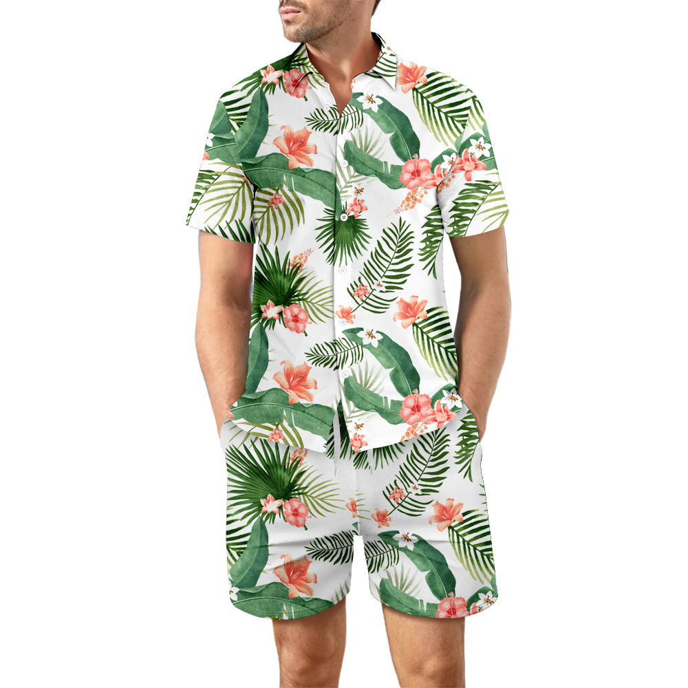 2Pcs Printed Beach Shirt Summer Suit Loose Lapel Button Top And Drawstring Pockets Shorts Casual Short Sleeve Suits For Men Clothing