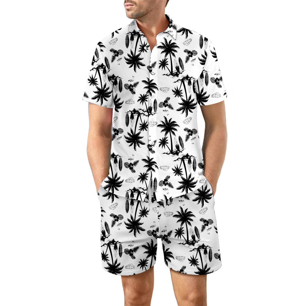 2Pcs Printed Beach Shirt Summer Suit Loose Lapel Button Top And Drawstring Pockets Shorts Casual Short Sleeve Suits For Men Clothing