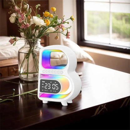 2024 New B-Shaped Blutooth Speaker Multifunctional Smart Music Rhythm Lighting Phone Wireless Charger TF Card AUX Input Standard Mode