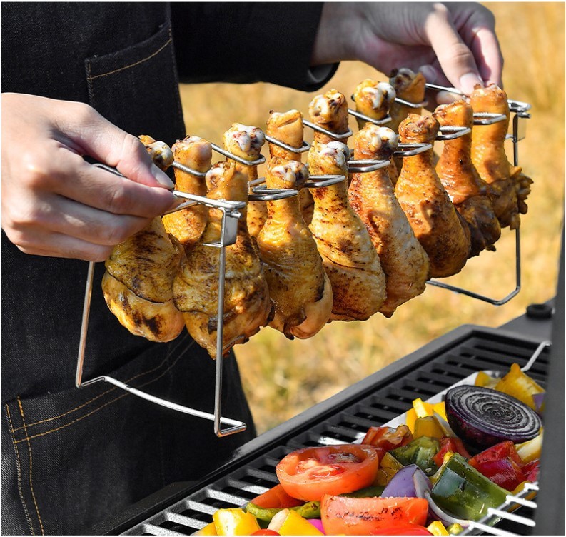 Portable Grilling Basket Mesh Clip 14 Slot Stainless Steel BBQ Rib Shelf Non-Stick Barbecue Chicken Wing Leg Rack