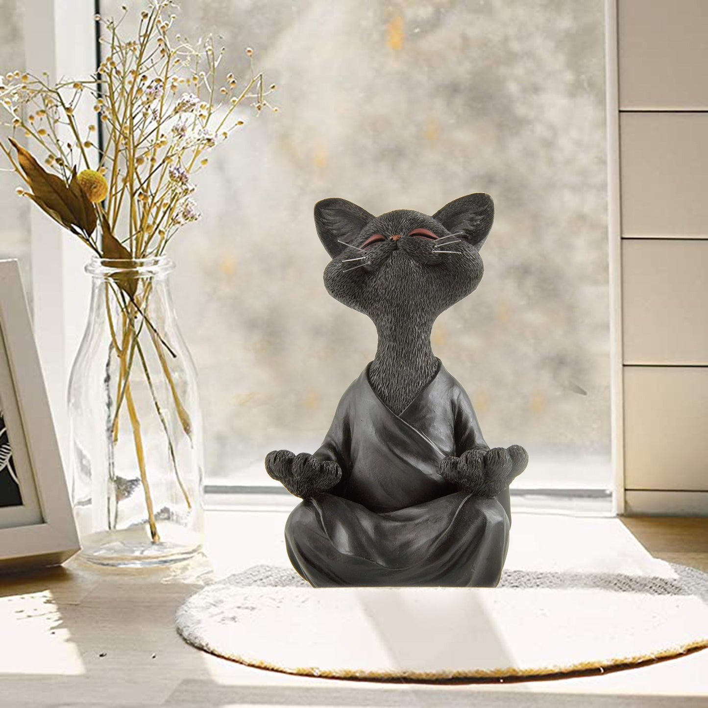 Whimsical Black Buddha Cat Figurine Meditation Yoga Collectible Happy Cat Decor Home Garden Decoration Garden Ornament