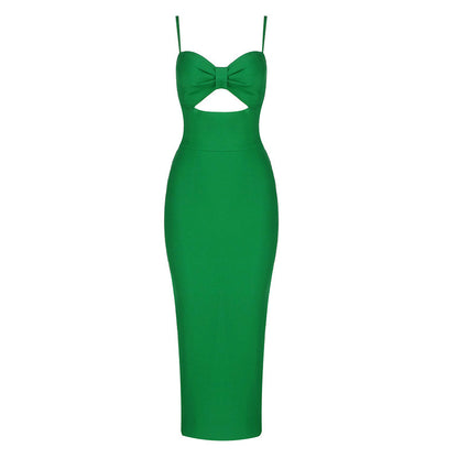 Fashion Waist Hollow Design New Sexy Solid Color V-Neck Halter Celebrity Party Club Bandage Long Dress