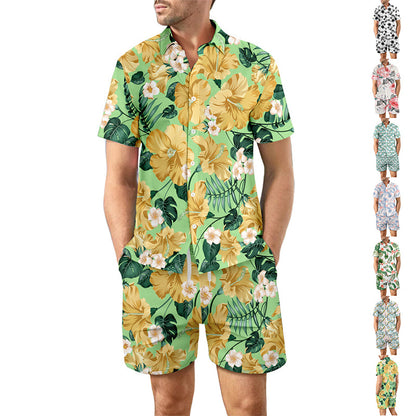 2Pcs Printed Beach Shirt Summer Suit Loose Lapel Button Top And Drawstring Pockets Shorts Casual Short Sleeve Suits For Men Clothing