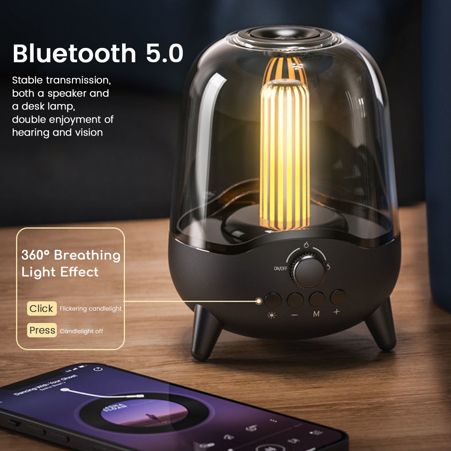 Portable Wireless Bluetooth 5.0 Speaker Flickering Ambient Light Speakers Table Lamp Stereo Sound Indoor Outdoor Night Lights