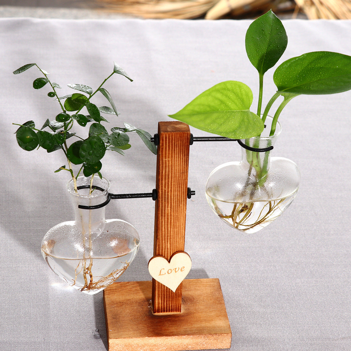 Love Heart Shape Clear Glass Hydroponic Flower Vase Terrarium Wooden Stand Holder Decoratio Glass Tabletop Plant Flower Vase