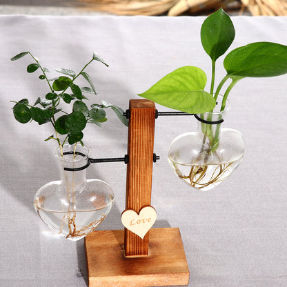 Love Heart Shape Clear Glass Hydroponic Flower Vase Terrarium Wooden Stand Holder Decoratio Glass Tabletop Plant Flower Vase