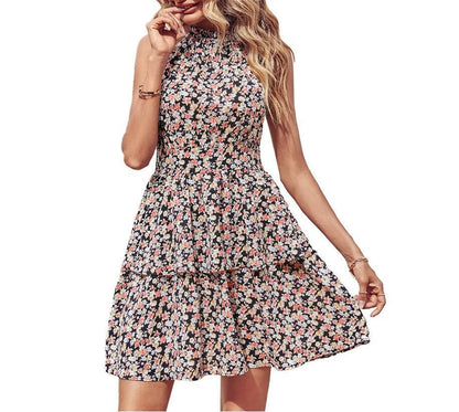 Summer Printed Halter Dress Fashion Boho Backless Ruffled A-Line Beach Dresses For Womens Clothing